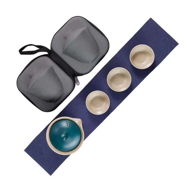 Дорожный набор посуды, гайвань, три пиалы керамика, темно-зеленый - 2