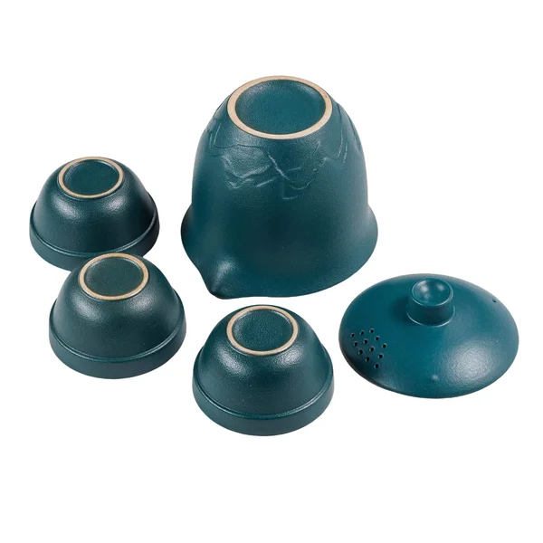 Дорожный набор посуды, гайвань, три пиалы керамика, темно-зеленый - 7