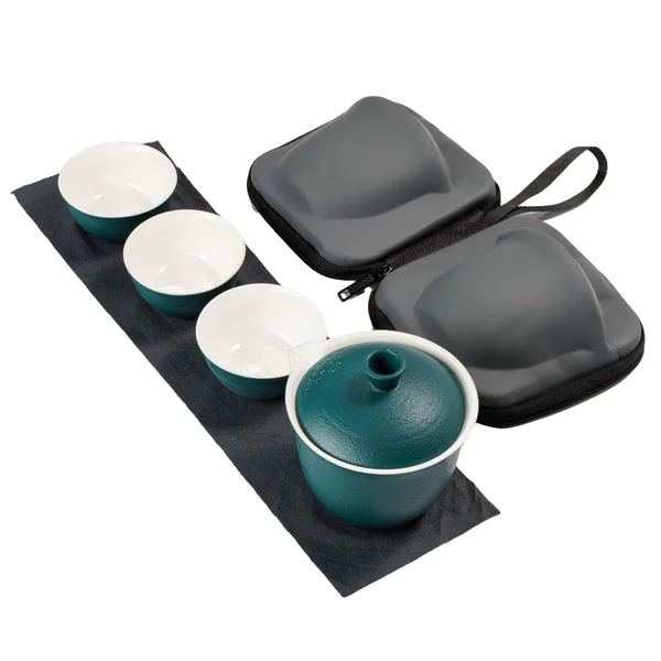 Дорожный набор посуды, гайвань, три пиалы керамика, темно-зеленый - 2