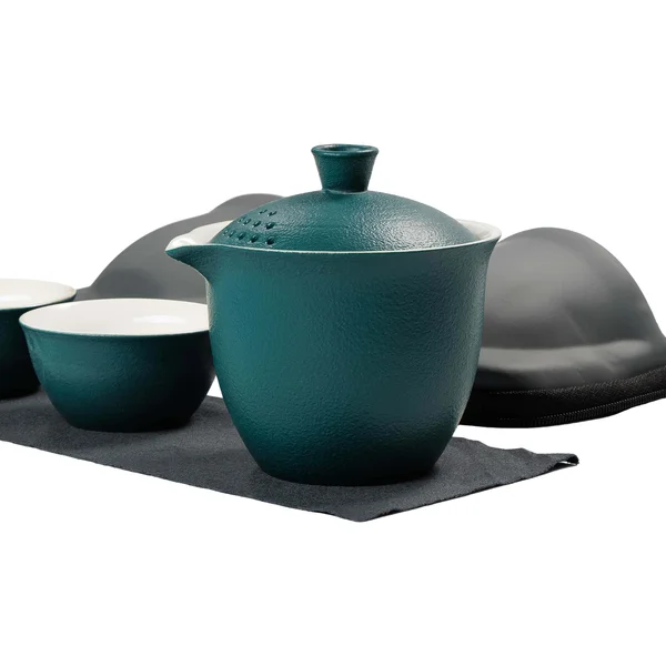 Дорожный набор посуды, гайвань, три пиалы керамика, темно-зеленый - 3