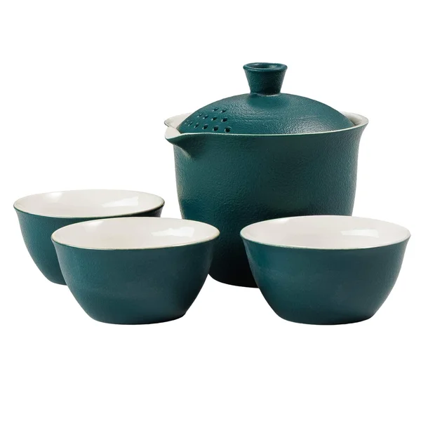 Дорожный набор посуды, гайвань, три пиалы керамика, темно-зеленый - 5